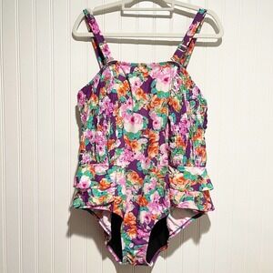 Swimsuits For All Floral Ruched Ruffled One Piece Swimsuit Size 18